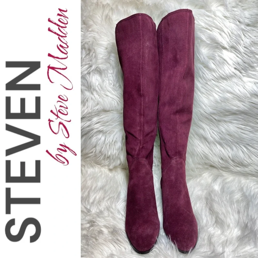 Steven‎ by Steve Madden Larken Burgundy Wine Suede Tall Wedge Boots Boho 7